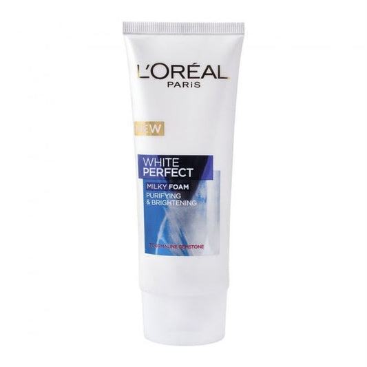 L'Oréal Paris White Perfect Milky Foam Purifying & Brightening face wash in a white squeeze tube with blue and gold accents, shown on a plain white background.